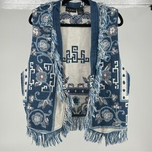 Women’s Medium Blue and‎ White Patterned Fringe Vest Woven Cottagecore Boho